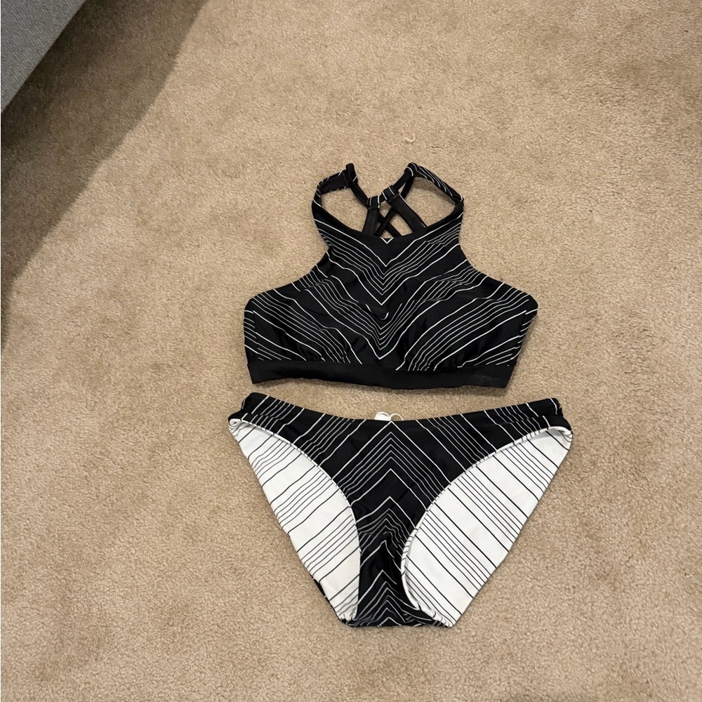 Athleta Black and White Striped Swimwear